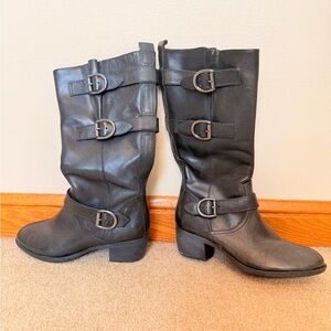 Nurture black leather heeled tall boots with buckle detail Dixie 8 zipper